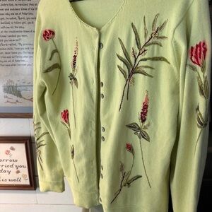 Vintage Green Botanical Embroidered Cardigan Sweater Size S Cottagecore Garden